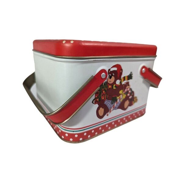 Vintage 1985 Holiday Bear and Toys Tin Gift Box Red Handles Cookie Candy Storage - Picture 2 of 5